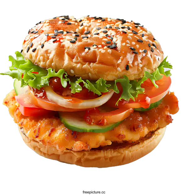 [Transparent Background PNG]Delicious Crispy Chicken Burger on Sesame Seed Bun