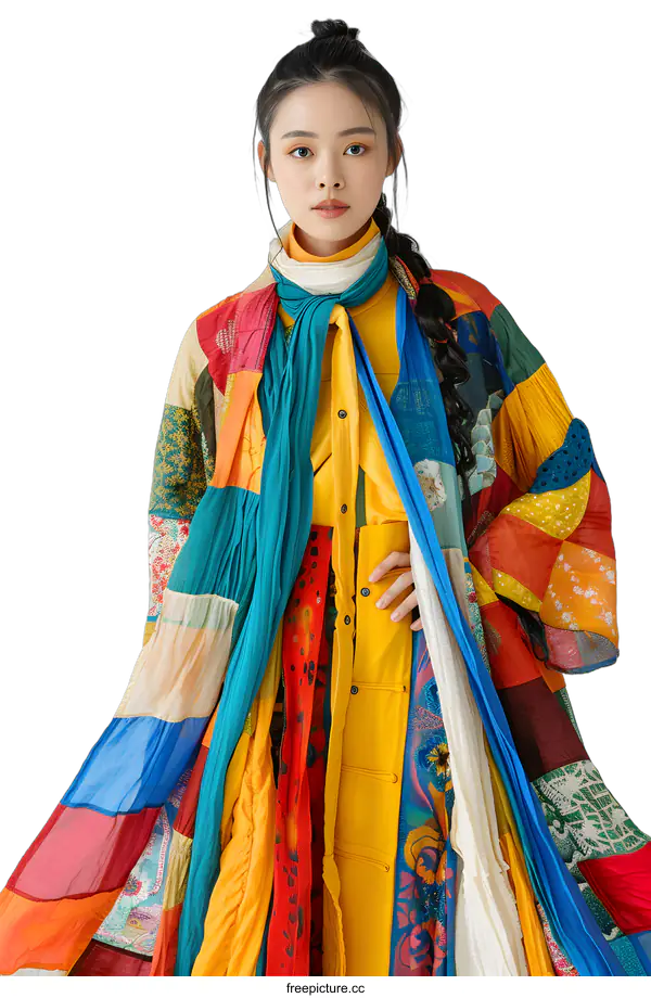 [Transparent Background PNG]Woman Posing in Colorful Patchwork Outfit