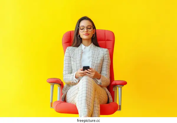 Business Woman Using Smartphone in Red Office Chair