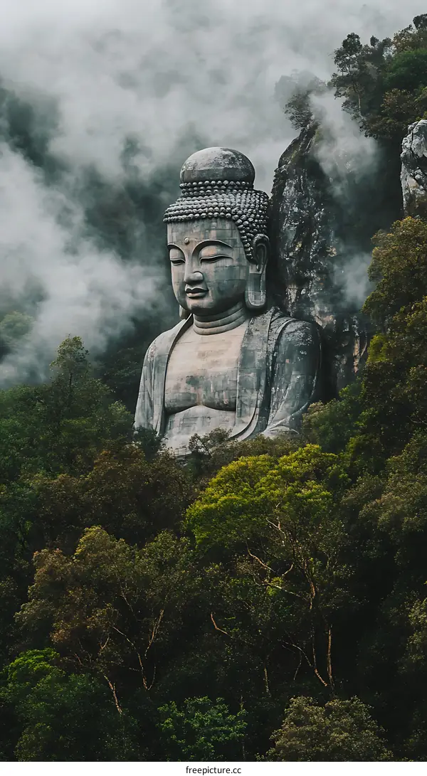 Large Buddha Statue Surrounded by Fog and Forest