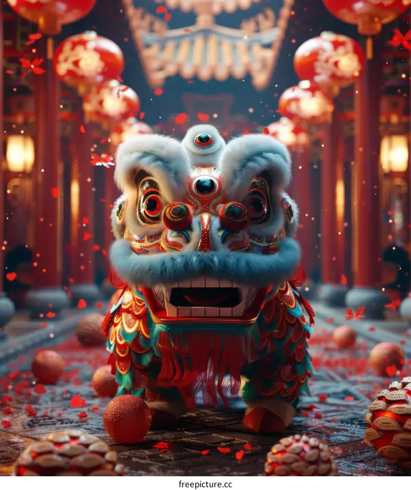 A majestic lion dancer performing in a temple during a Chinese New Year celebration