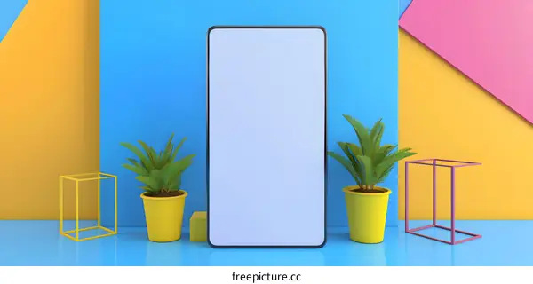 Blank White Screen Smartphone Mockup With Plants and Geometric Shapes
