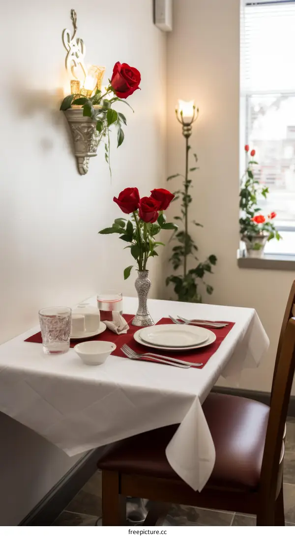Table set with red roses centerpiece