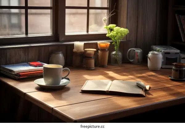 Relaxing morning with a book and a cup of coffee by the window