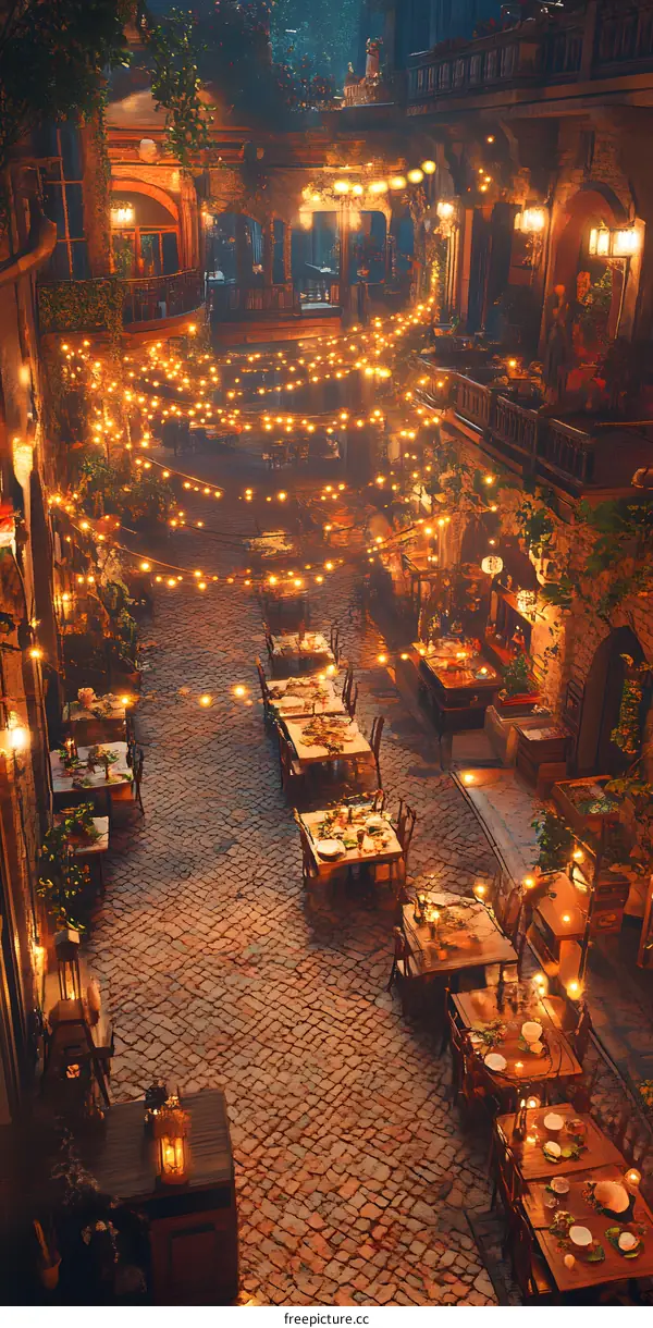Romantic Night Dinner with String Lights in a Cozy Courtyard