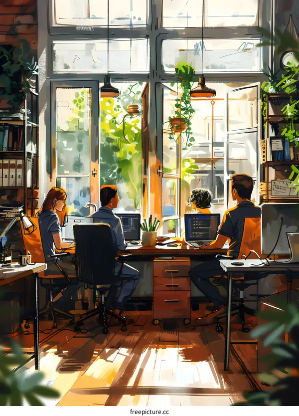 Four People Working Together in an Office with Windows