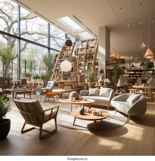 A large room with a high ceiling and lots of natural light. There are several areas with furniture arranged in them. There are bookshelves, chairs, tables, and sofas.