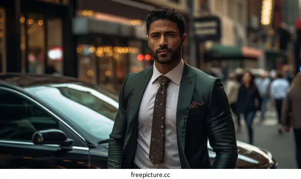 A man in a green suit is standing in front of a black car.