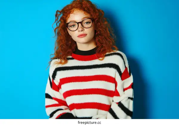 Stylish Woman in Striped Sweater against Blue Background