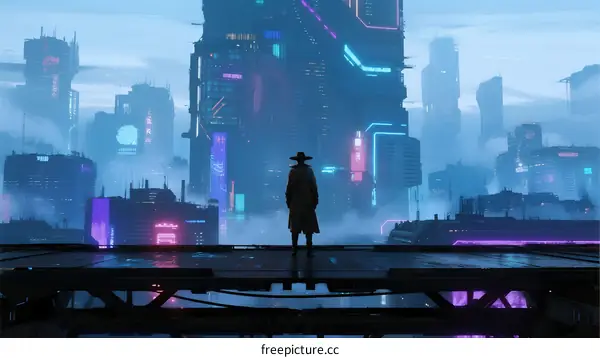 Silhouetted Figure Overlooking Futuristic Cyberpunk Cityscape