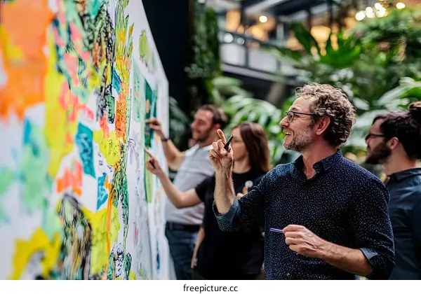 Group of People Collaborating on a Large Creative Drawing