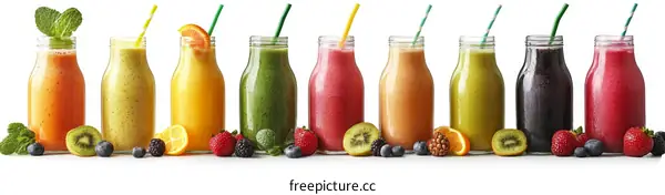 Assortment of Healthy Fruit Smoothies in Glass Bottles