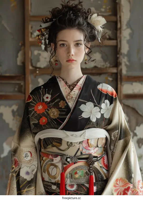 Portrait of a young woman in a kimono