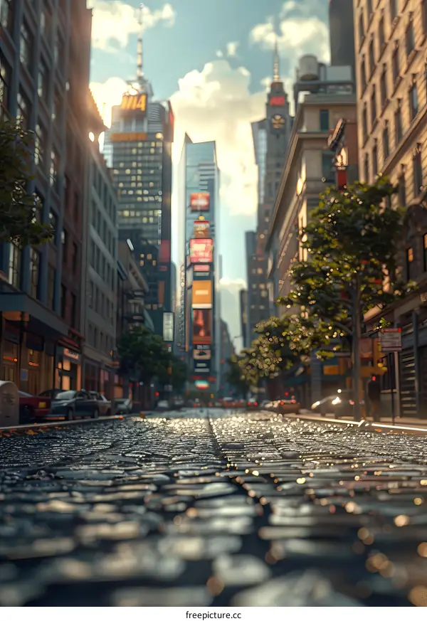 New York City Skyscrapers and Cobblestone Street View