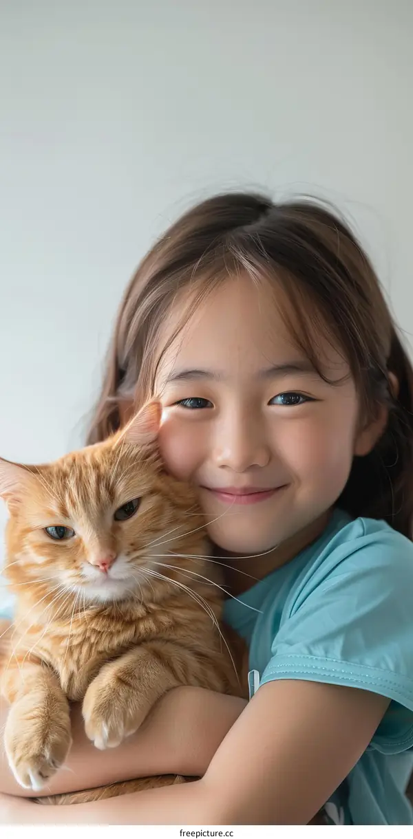 A young girl hugging an orange cat