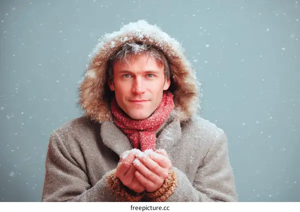 Man enjoying winter snowfall in fur-lined coat