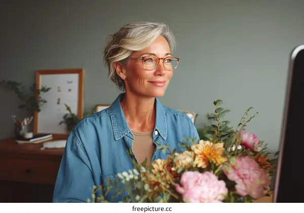 Woman in Office with Flowers and Computer