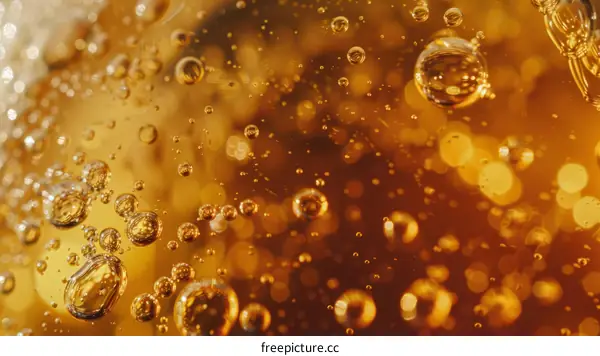 Close-up of bubbles in a glass of amber liquid