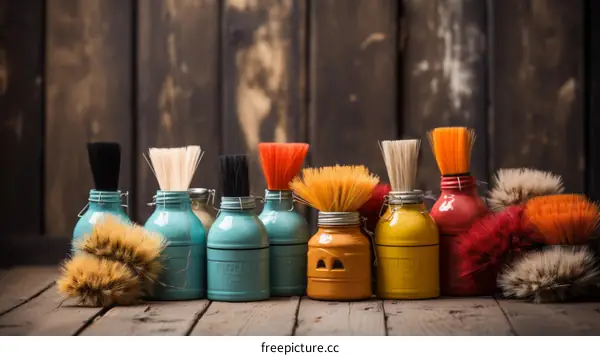 Colorful paintbrushes in glass jars on a wooden background
