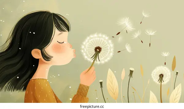 Little girl blowing dandelion seeds in the field