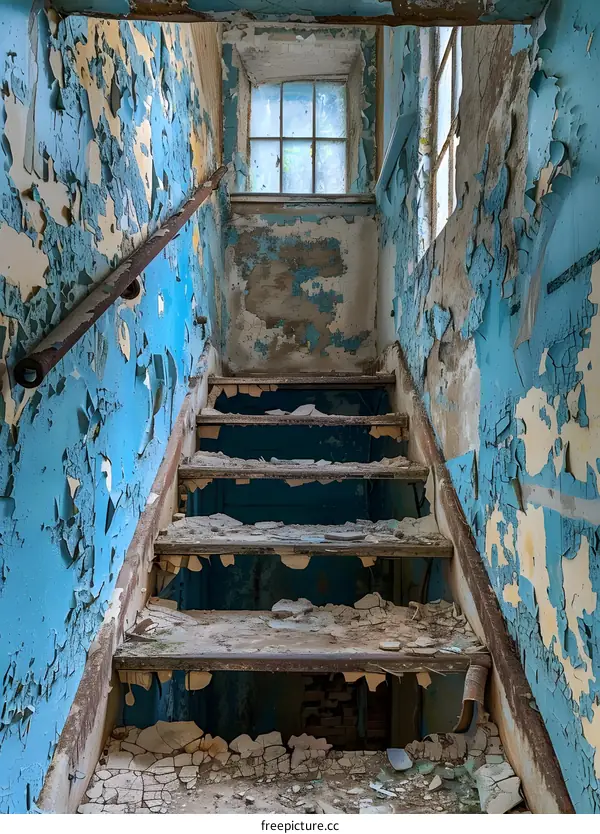 Abandoned Staircase with Peeling Blue Paint