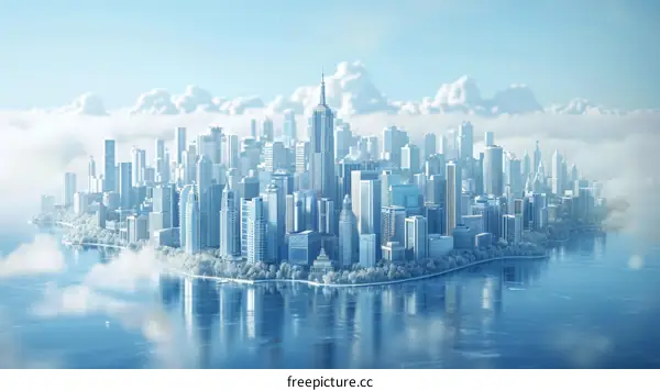 A winter city with a large body of water in front of it