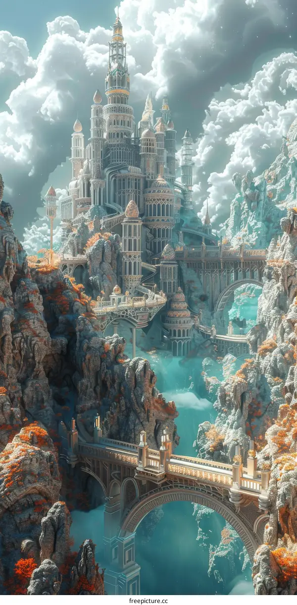 Fantasy Castle Floating in the Sky with Waterfalls and Bridges