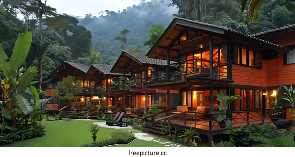 Wooden houses in the middle of a tropical forest