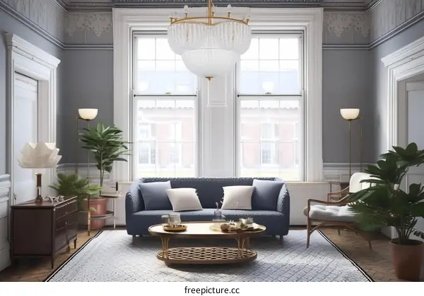 Blue living room with large windows and plants