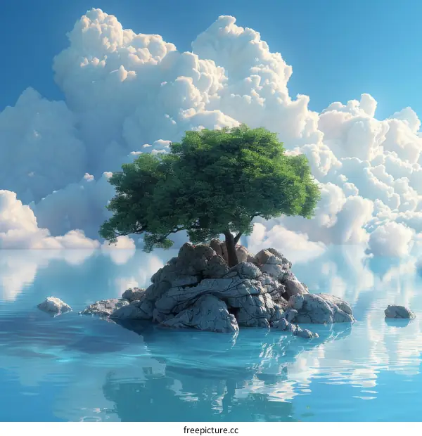 Lonely Tree on a Small Rocky Island in the Middle of the Ocean