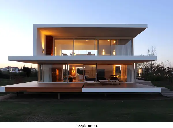 Modern White House with Large Glass Windows and Deck