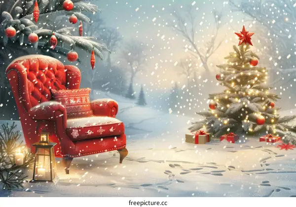 Christmas Eve Scene with Red Armchair in Winter