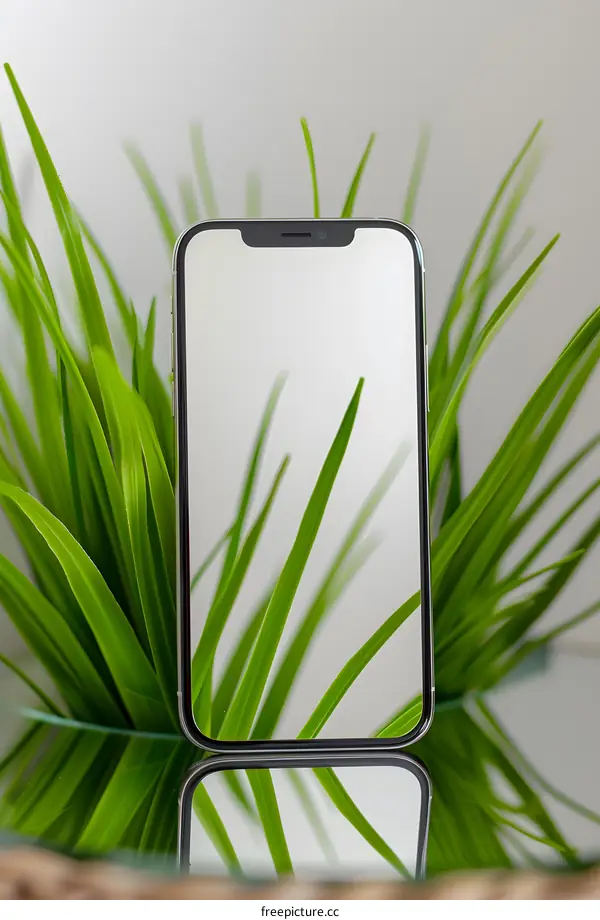 Modern Smartphone with Green Plants Reflection