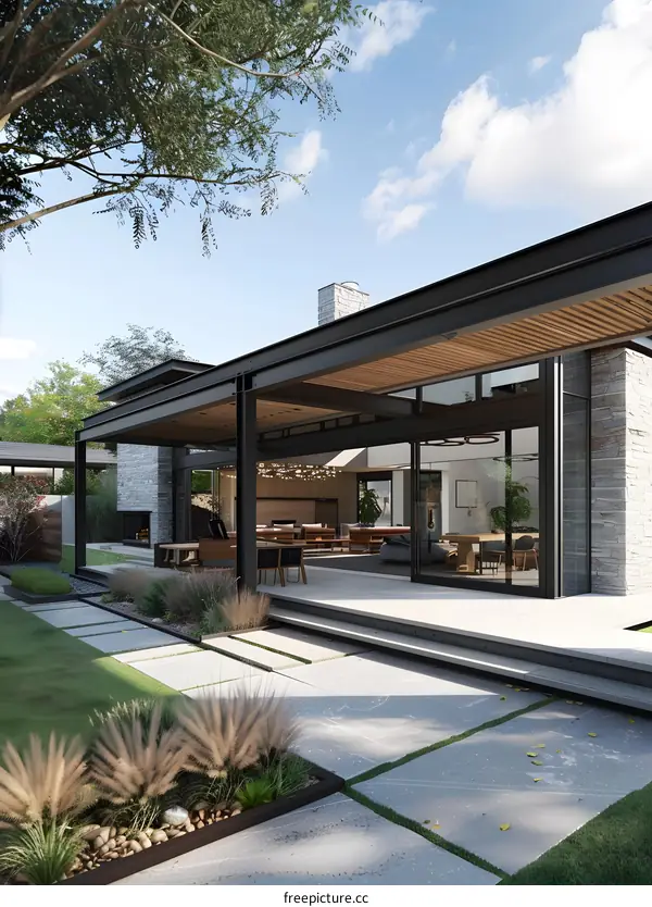 Modern Home Exterior Design with Stone and Glass