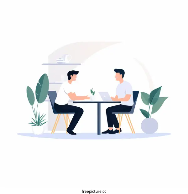 Two men are discussing work in a cafe.