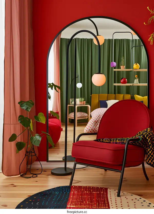 Red armchair in a living room with a large arched mirror