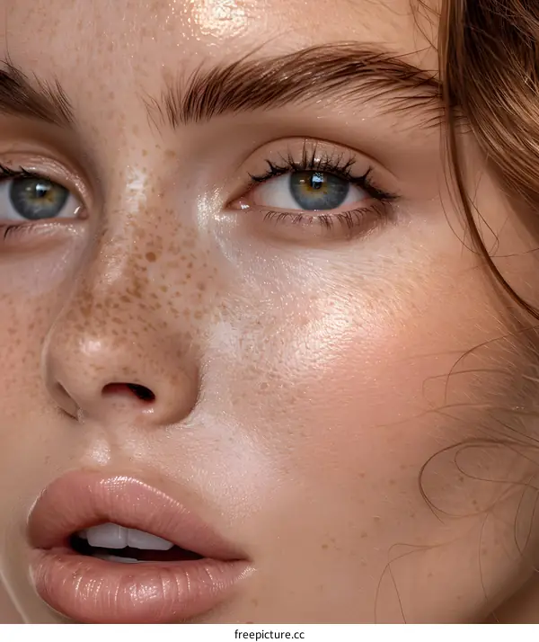 Close Up Of Woman With Freckles And Blue Eyes