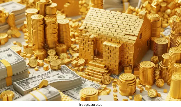 3D illustration of a golden house sitting on a pile of money
