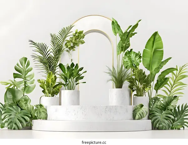 White Marble Arch with Green Plants for Product Display