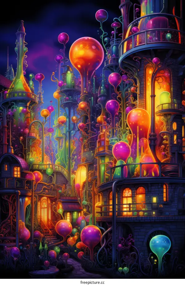 Vivid Dreamlike Cityscape with Glowing Orbs and Colorful Buildings