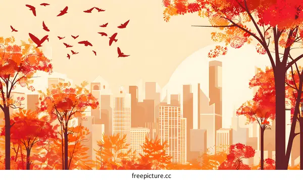 Autumn Landscape with City Skyline and Birds