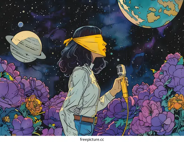 A blindfolded woman singing in front of a starry night sky
