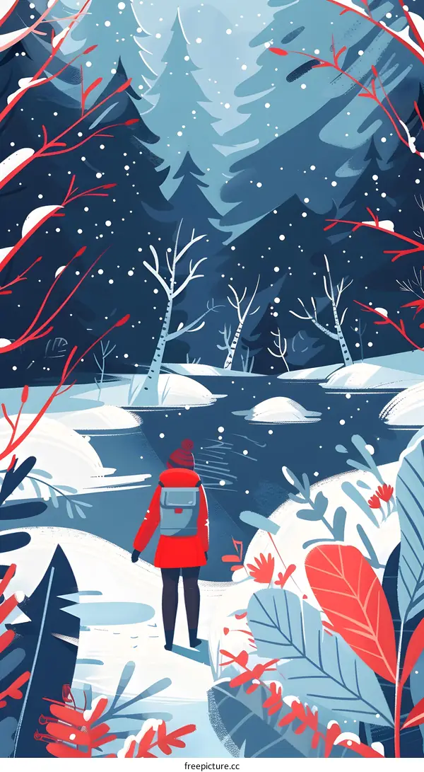 Winter Scene with a Woman in a Red Jacket Walking Through a Snowy Forest