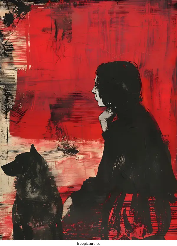 Black and White Silhouette of a Woman and Dog in a Red Background