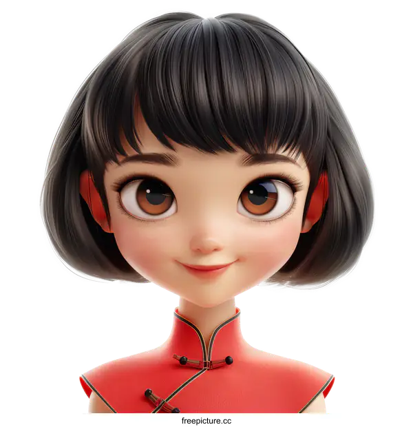 3D rendering of a cute Asian girl with black hair and brown eyes wearing a red cheongsam