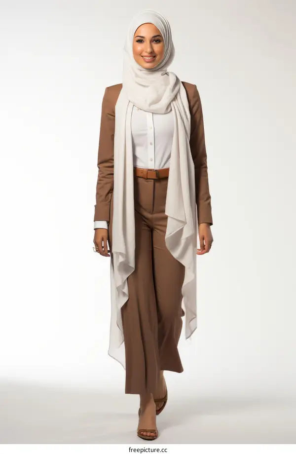 A young woman wearing a brown suit and a white hijab is walking towards the camera.