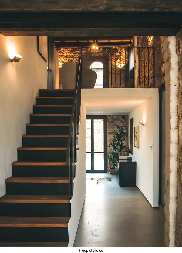 Modern Interior Design with Wooden Stairs and Exposed Brick Wall