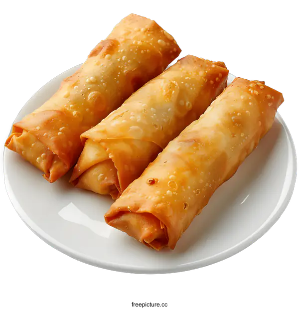 [Transparent Background PNG]Three crispy spring rolls on a white plate