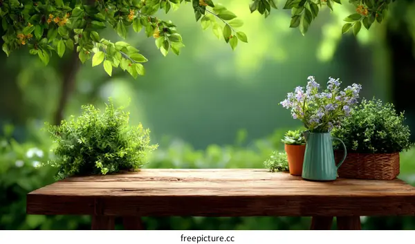 Rustic Wooden Table Top with Flowers and Plants in Nature