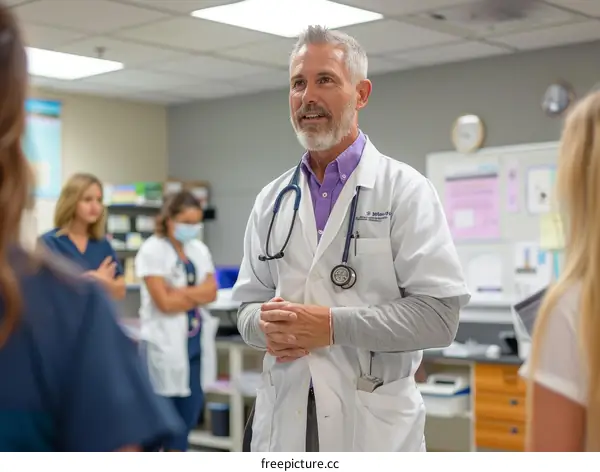 Male doctor talking to a group of female nurses